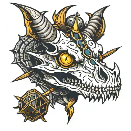 Dragon Skull With D20 In The Eyes And A Broom Around It