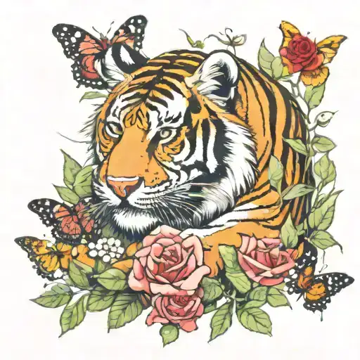 A Tiger Laying In Grass Surrounded By Butterflies And Roses