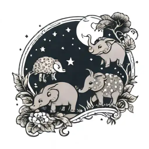 Cute Hedgehog And Elephant And Rabbit Under The Moon And Stars