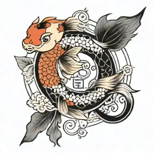 Koi Fish Ying Yang Tattoo With Japense Writing Poetry