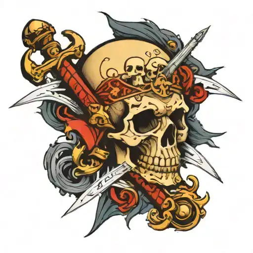 Skull And Cross Swords With A Map Behind It And The Words Seven Seas