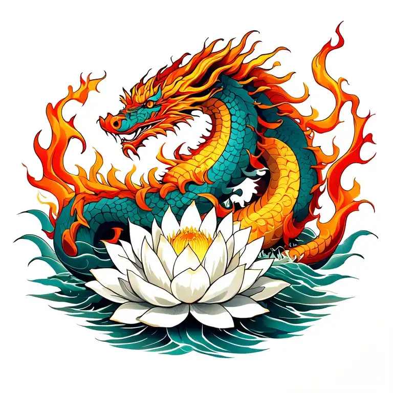 Fire Dragon Wraps Around White Lotus In Water Waves