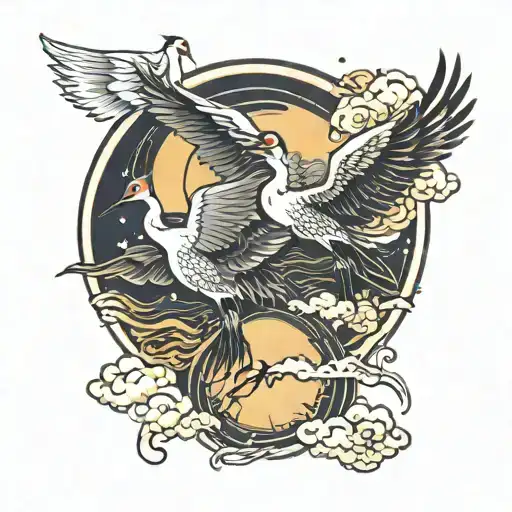 2 Cranes Flying Around Sun