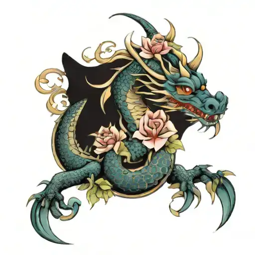 Oriental Dragon With Roses