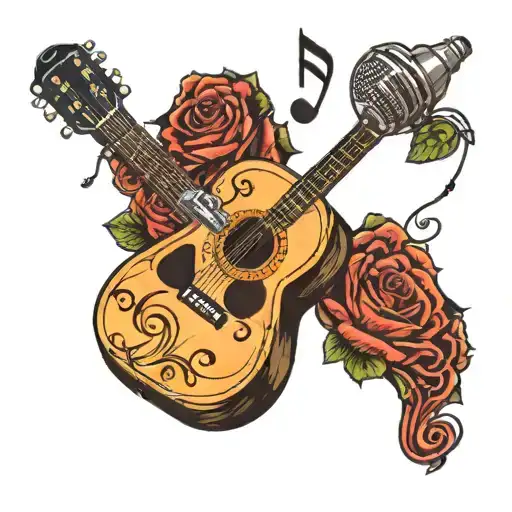 An Acoustic Guitar With A Microphone Next To It And Surrounded By Musical Notes