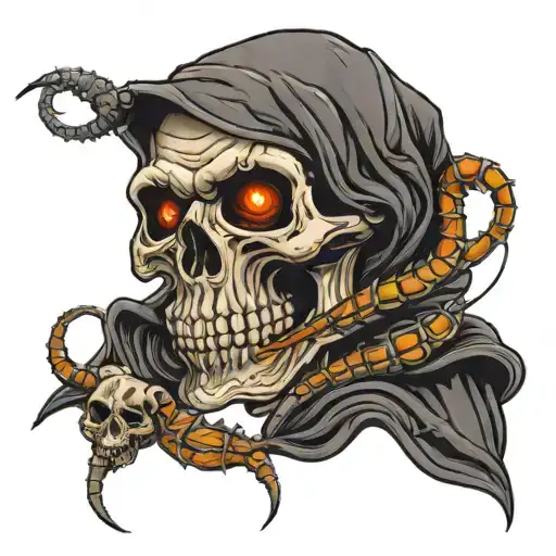 Grim Reaper Holding A Centipede And A Skull