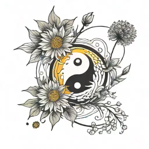 Ying Yang Sign With Dandelion Flower