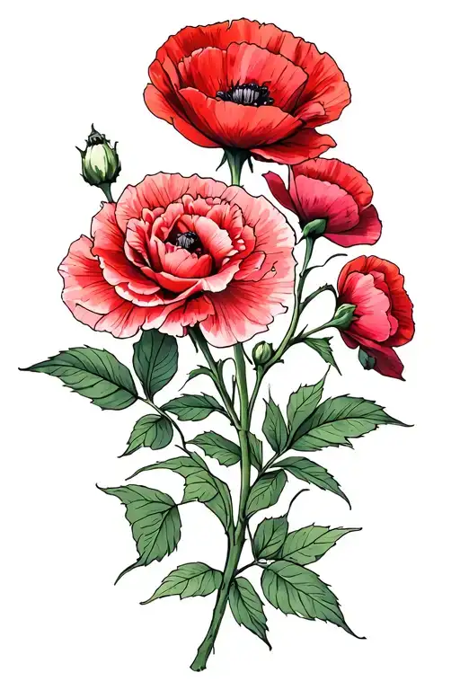 Rose Carnation Cherry Blossoms And Poppy