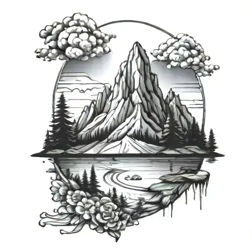 Line Art Mountain Scene Inspired