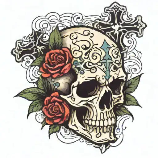 Skull With Cross Through It And Roses Around It
