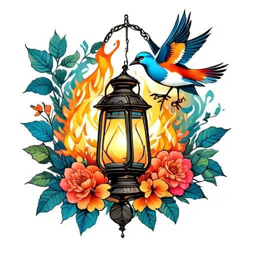 Neo Traditional Lantern With Fire Smoke Bird Flowers Leaves Mucha Inspired