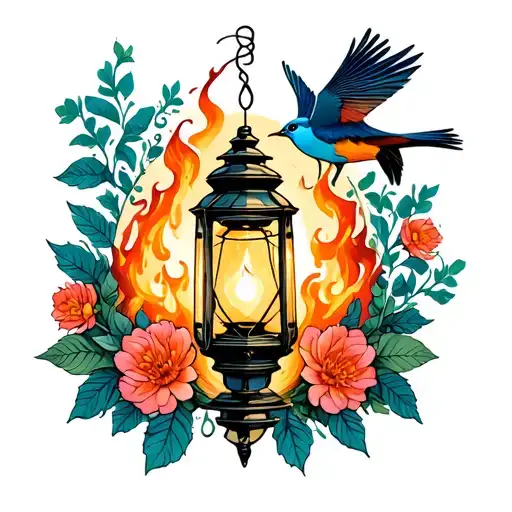 Neo Traditional Lantern With Fire Smoke Bird Flowers Leaves Mucha Inspired