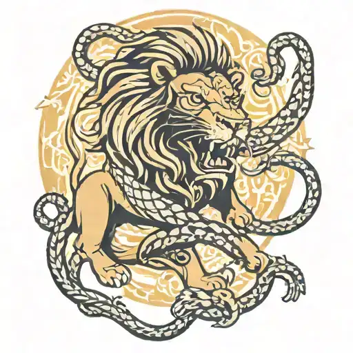 Lion And Snake Fighting Through Horsehoe