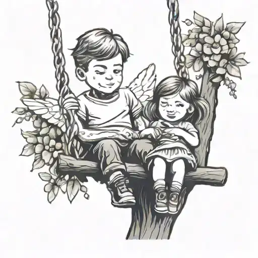 A Little Girl On A Tree Swing With Her Dad's Angel Swinging Her And Keeping Her Safe