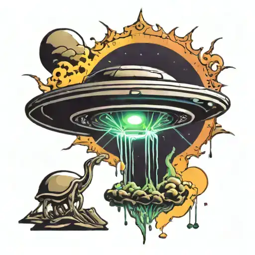 Ufo With Alien Inside Beaming Down Colorful Rays Of Light