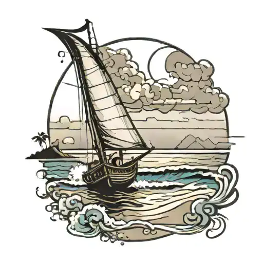 Sailboat On A Beach Scene With Man Standing