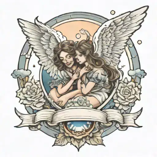 Angels In The Sky With Halos Looking Down From Heaven