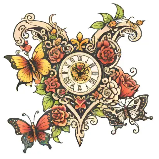 Cross With Heart Clock Butterflies And Flowers