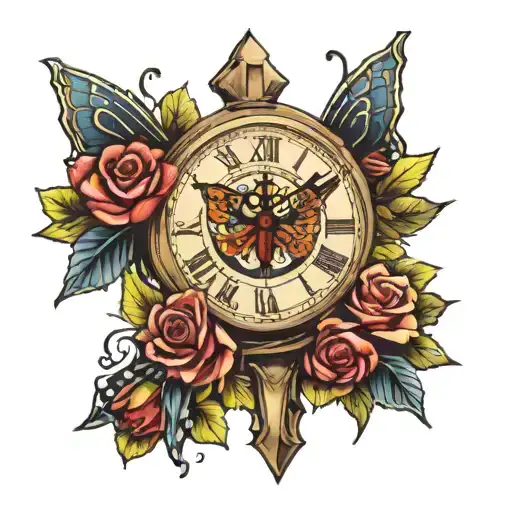 Jesus Cross With Roses And Butterflies With A Heart Shaped Clock With 12-02-19