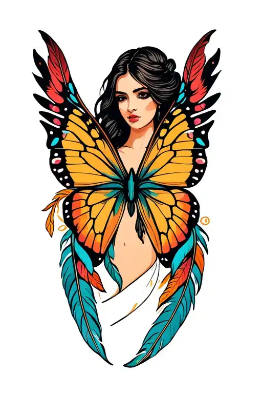 Fist Nation Woman Wearing Feathers To Form A Butterfly Wing