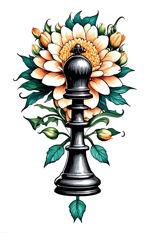 Bishop Chess Piece With Chrysanthemum Flowers Leaves And Buds With Whisps Around It