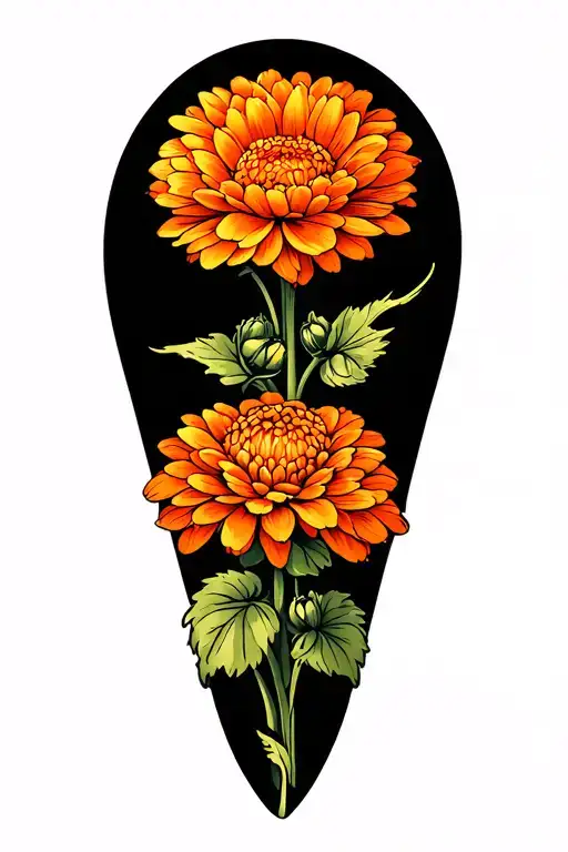 Bishop Chess Piece With Orange Chrysanthemum Flowers Leaves And Buds With Line Whisps