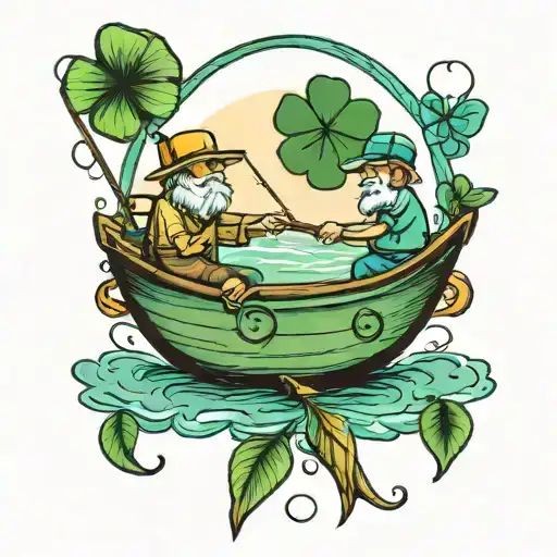 Grandpa And Son Fishing Boat With A Four Leaf Clover On The End Of The Pole