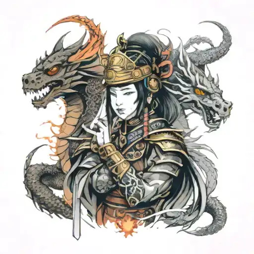 Beautiful Samurai Girl In A Helmet And Fire Around Her And Two Dragons Looking At Her