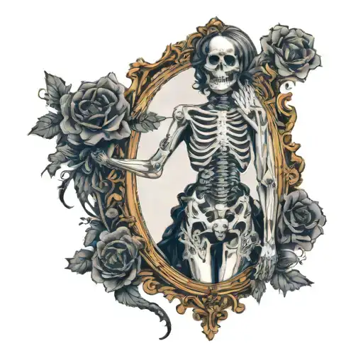 Skeleton In Mirror With Lace Dress Standing