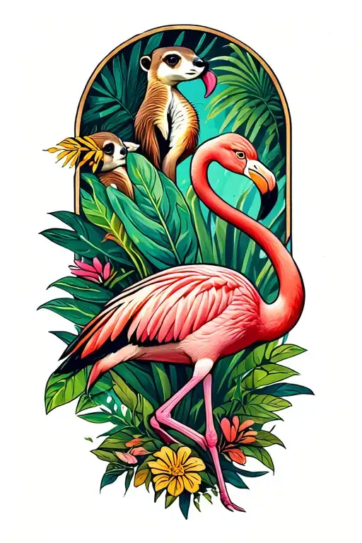 Flamingo And Meerkats Frolicking Among Plants