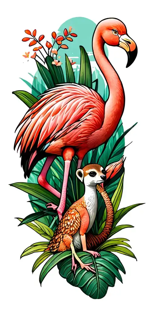 Flamingo And Meerkats Frolicking Among Plants