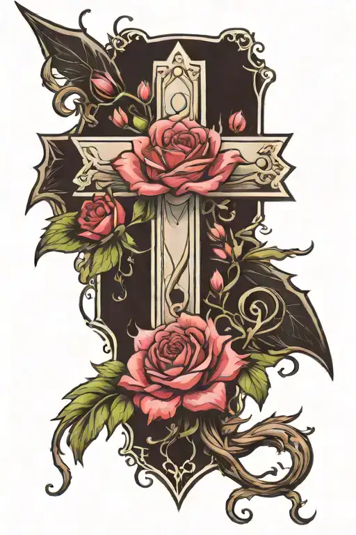 Cross With Rose And Aster Flower