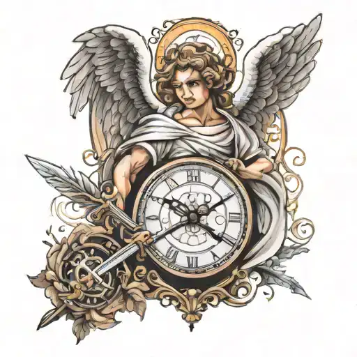 Guardian Angel With A Sword In His Hands Against The Background Of A Clock