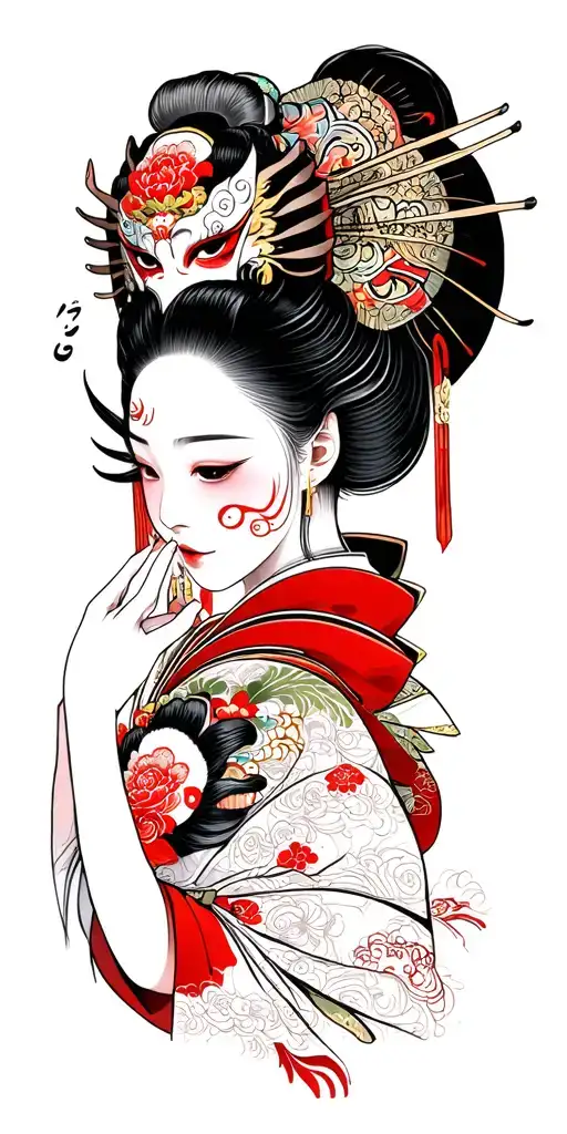 Geisha Removing Face To Show Hannya Demon Mask