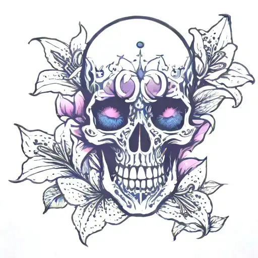 Skull And Three Lilies Blue Pink And Purple Flowers