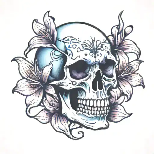 Skull With Three Lilies Blue Pink Purple Flowers