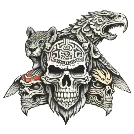 Aztec Totem Pole With Skull Jaguar Wolf And Eagle