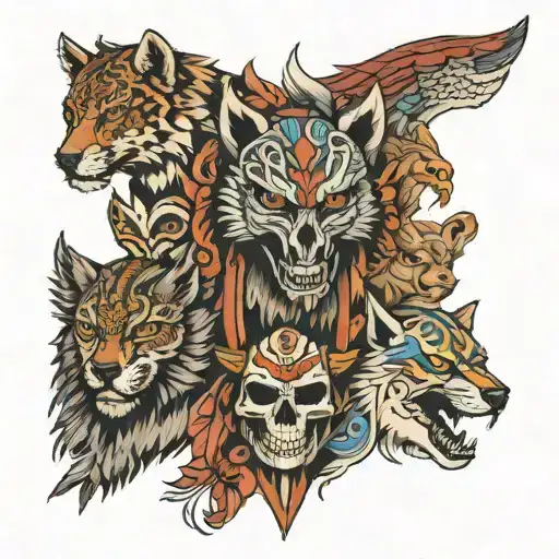 Totem Pole With Wolf Eagle Jaguar Skull In A Ranking Order