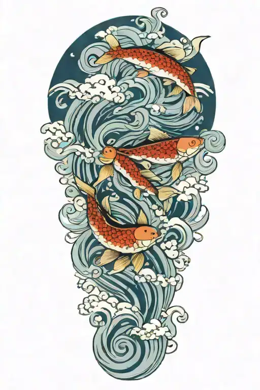 3 Carps Surrounded By Waves And Clouds Forming The Shape