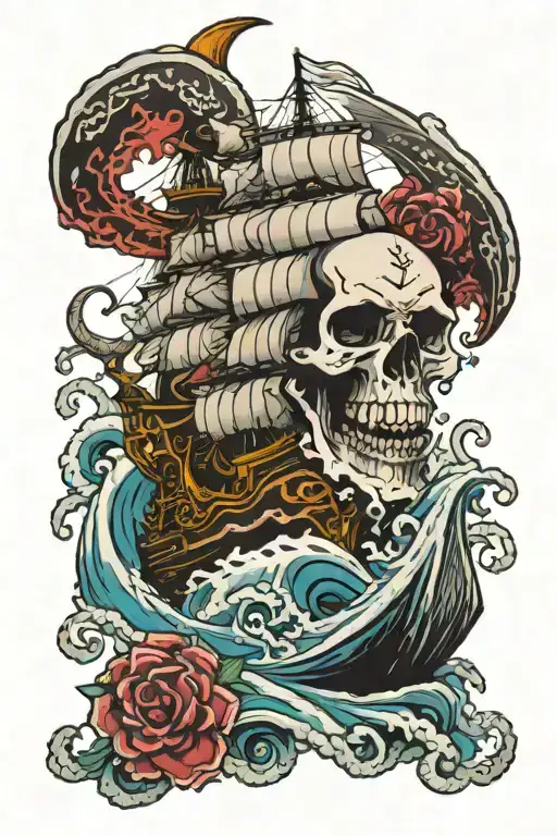 Frigate On A Wave In The Form Of A Skull With An Octopus Under It