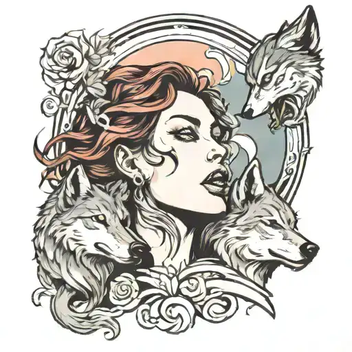 Woman And Wolf Howling At The Moon