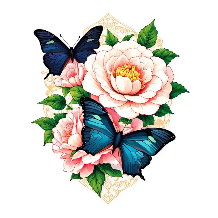 Camellia Flowers And Butterflies
