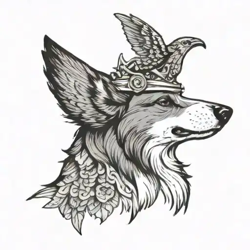 Raven On Head Of A Corgi With