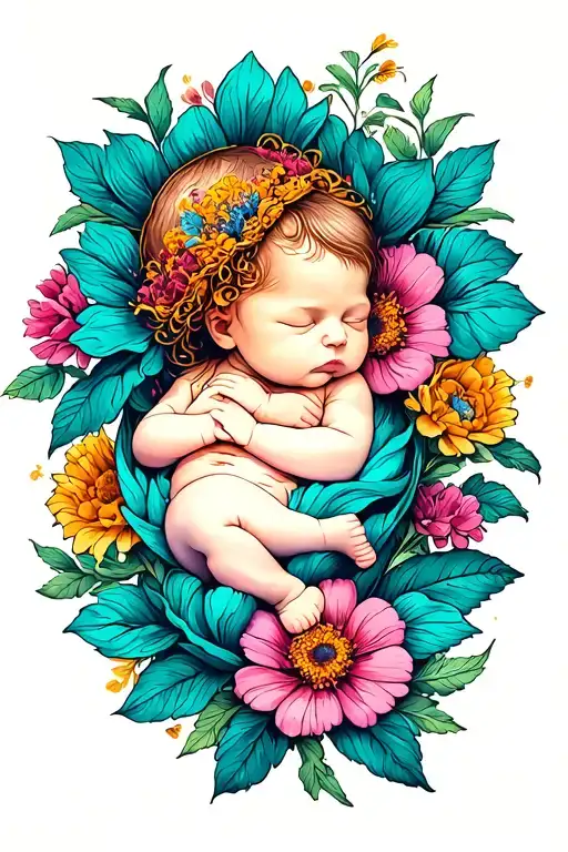 Crysthanthamum And Cosmo Flower With A Sleeping Baby In The Center Of Each