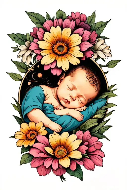 Crysthanthamum And Cosmo Flower With A Sleeping Baby In The Center Of Each