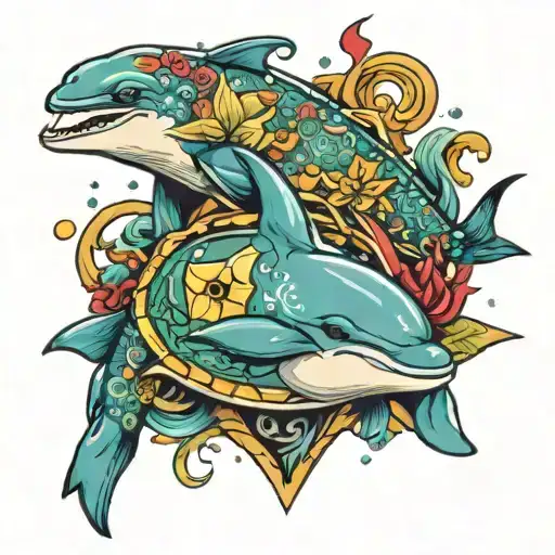 Dolphin Sea Turtle Fish With Card Suits Around Them With Starfush In Center Of Them