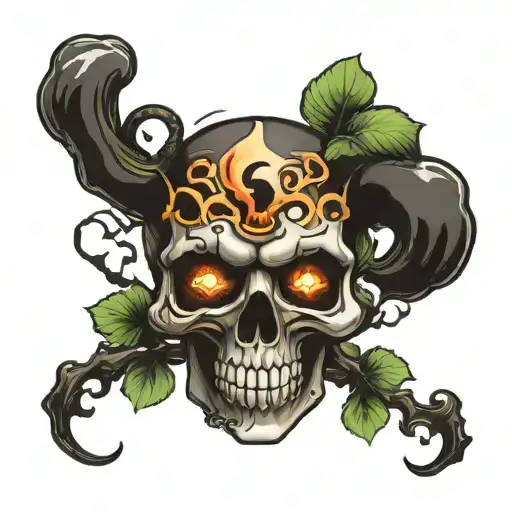 Black Skull With A Figure Eight In The Forehead And Smoldering Clover In The Teeth