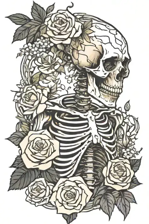 Skeleton Covered Partly By Flowers And Brances Who Has A Sythe Which Instead Of A Blade Has A Rose
