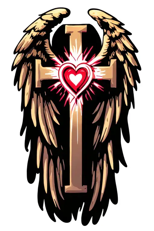 Religious Cross With A Heart In The Center And Angel Wings Behind The Crossing