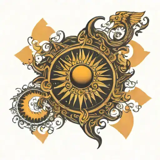 An Back Tattoo With The Sun In The Middel And In An Ancient Style With Inscriptions Around